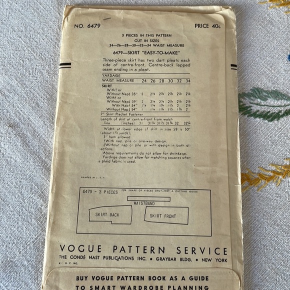 Vogue Pattern for slender fitting, long skirt, #6479 ca 1940's Waist 30", Hip 39 - Picture 3 of 7